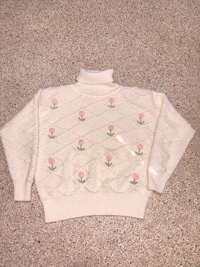 Eminent Cream Turtleneck Sweater with Pink Rose Embroidery